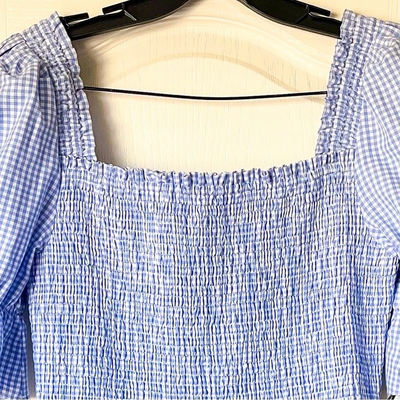 Damaris Bailey Azul Dress Smocked Puff Sleeve Midi Gingham Blue Large NWT - Picture 6 of 7